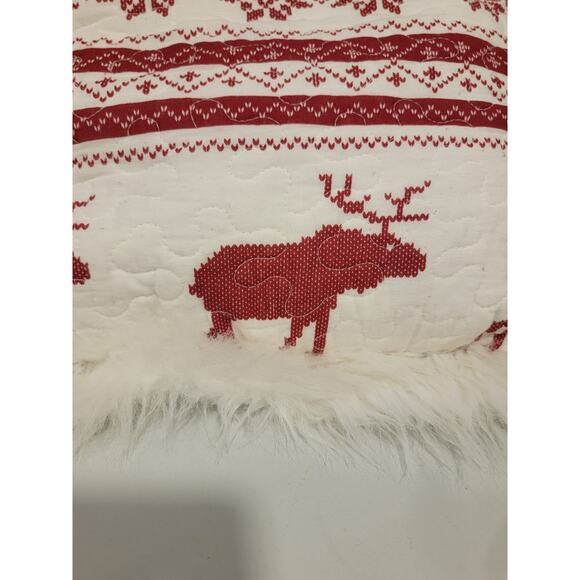 White pine Christmas Throw Pillow Red White Reindeer Elk Faux Fur Trim - Picture 2 of 8